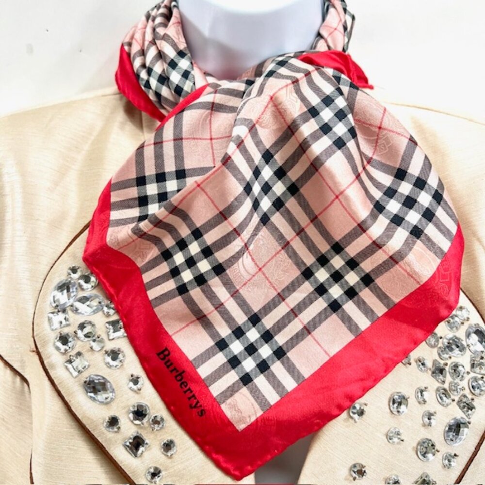 New Unused Burberrys Miniscarf 23"x23",  Silk Pink red glay black nova check(65